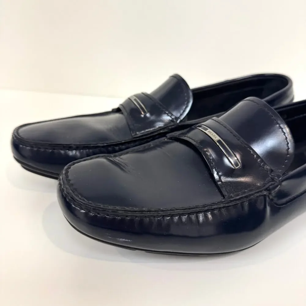 PRADA Patent Leather Navy Blue Silver Metal Logo Plaque Driving Loafer 10 Shoes
